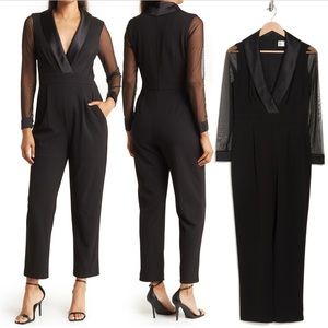 New Eliza J jumpsuit pants sheer formal lapel tuxedo satin pocket sleeve black 4